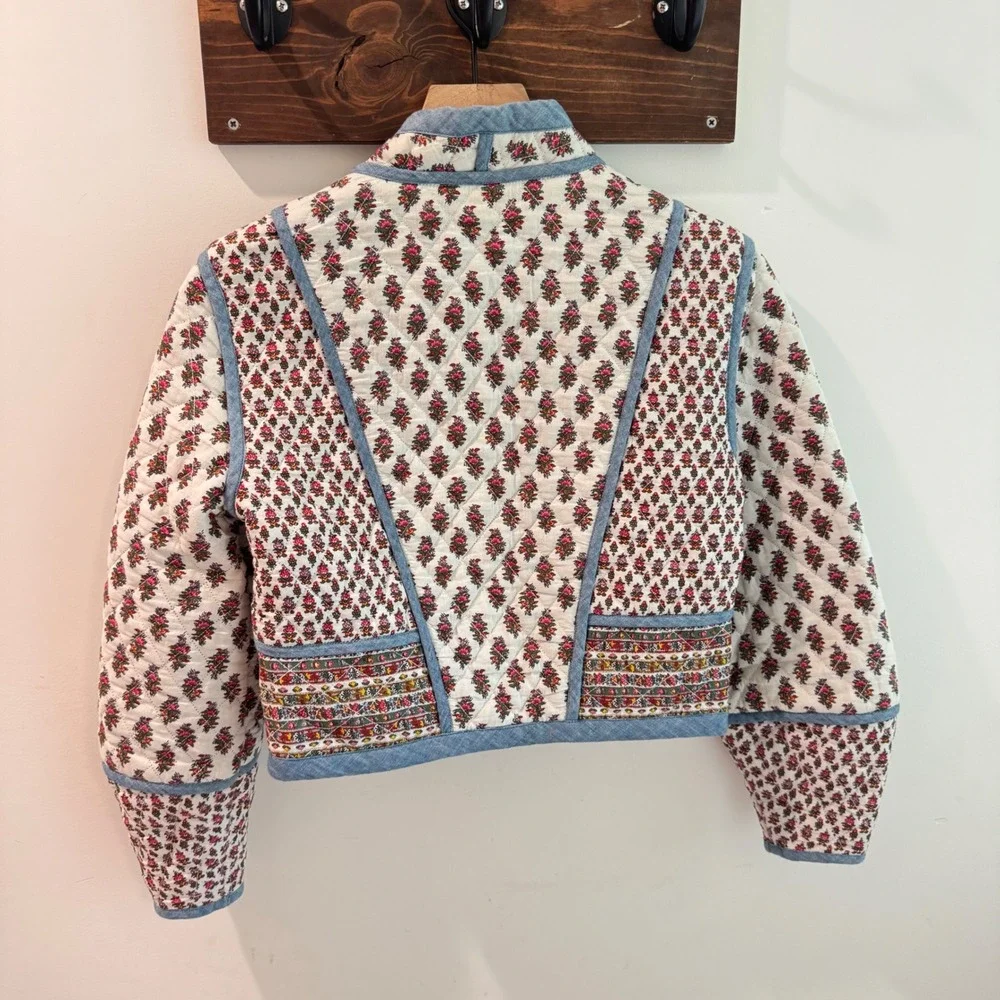 Veronica Beard Kamila Reversible Quilted Floral Jacket Blue Cream Pink Small